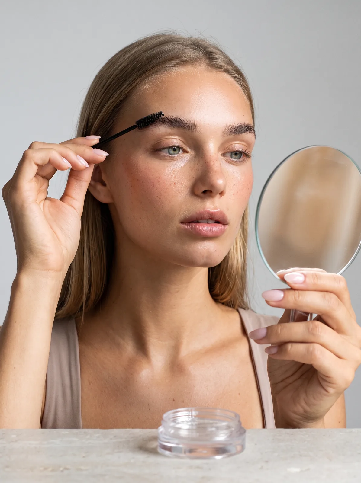 AI-generated campaign image: model brushing up her brows in a hand mirror