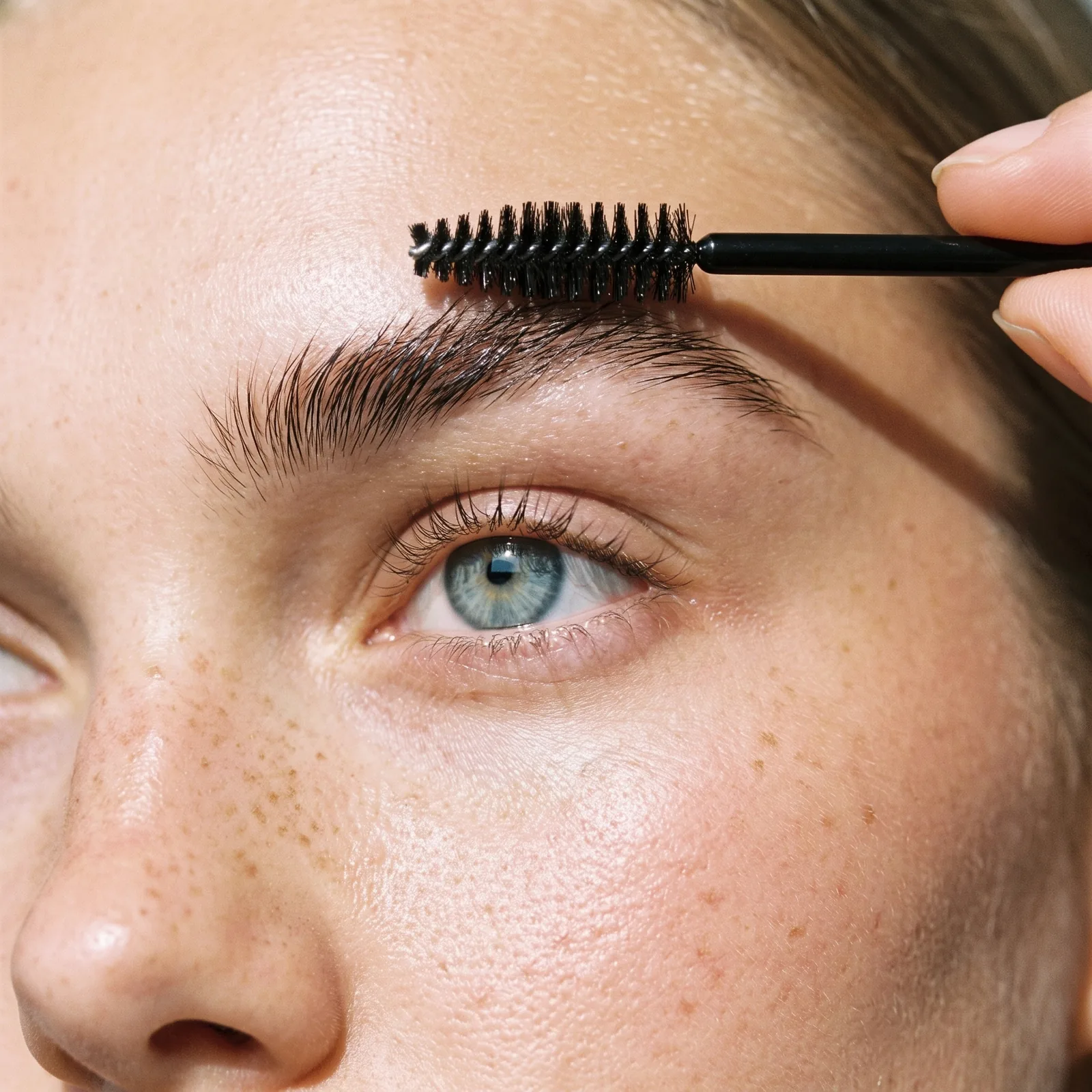 AI-generated macro of a brow being brushed up with a spoolie